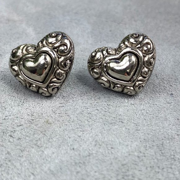 Silver Tone Heart Pierced Earrings - Picture 1 of 8